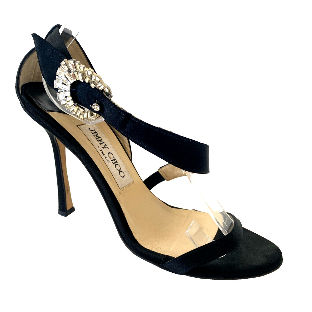 Jimmy Choo Sandal Open Toe Black Suede Slim Heel Rhinestone Embellish Buckle 37